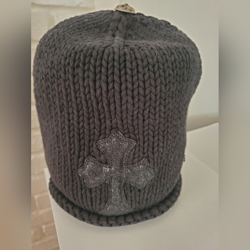 Chrome Hearts Black Knit Beanie with Silver Cross